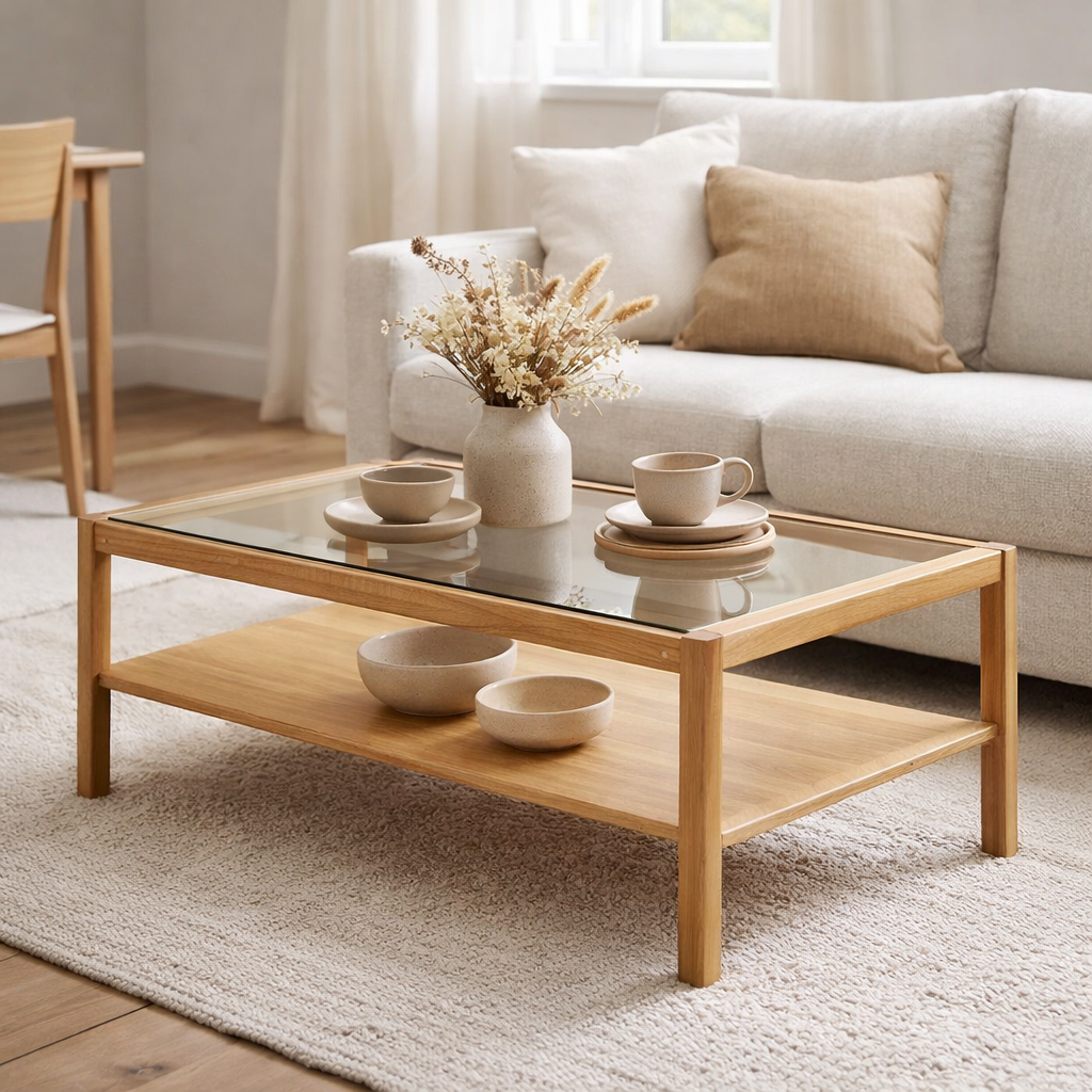 Lourmarin Table basse, chêne/placage chêne/verre trempé, naturel, 110x60x45 cm en situation