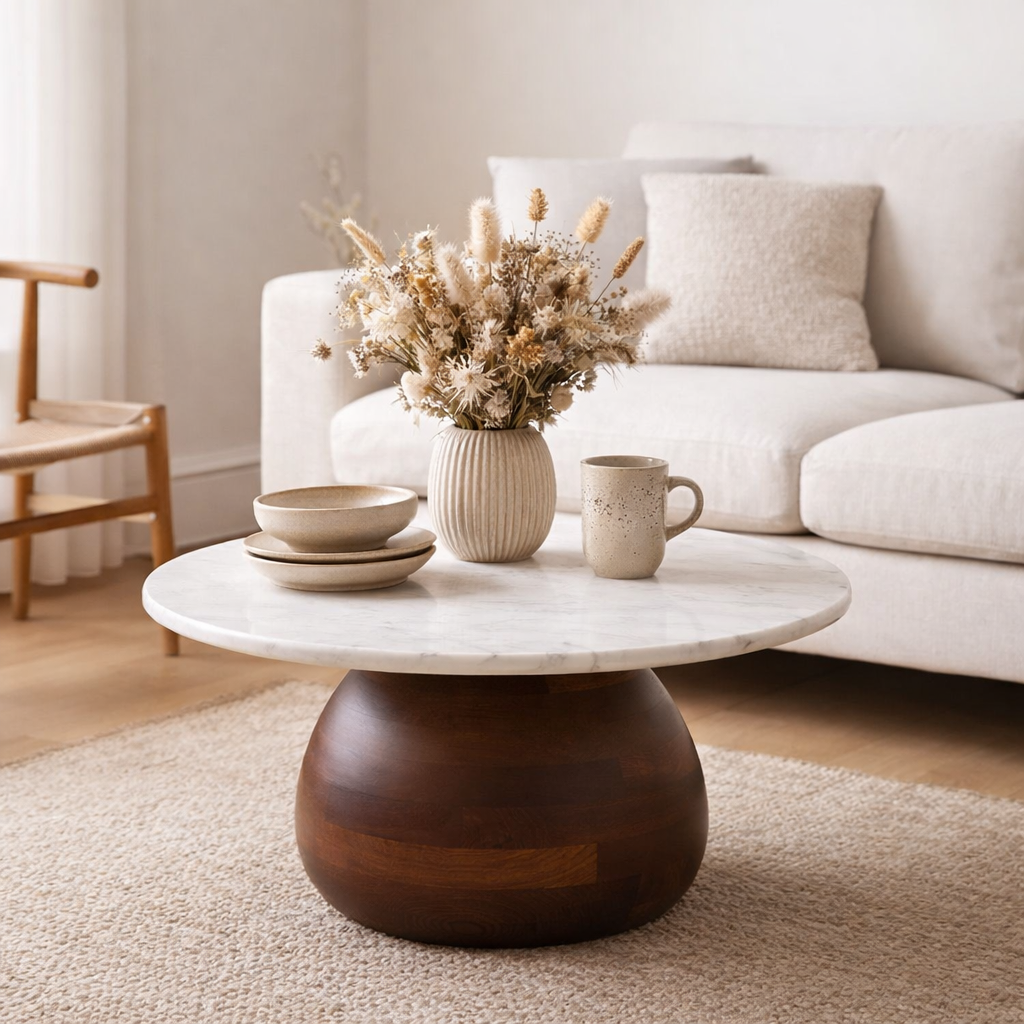 Heide Table basse, manguier/marbre, marron foncé/blanc, ø70x35 cm en situation