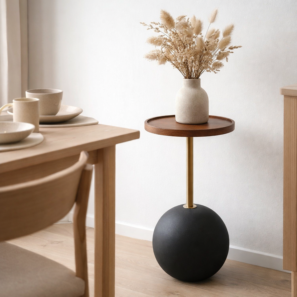 Sirone Table d'appoint, manguier/acier, noir/aspect laiton/marron foncé, Ø30x56 cm en situation