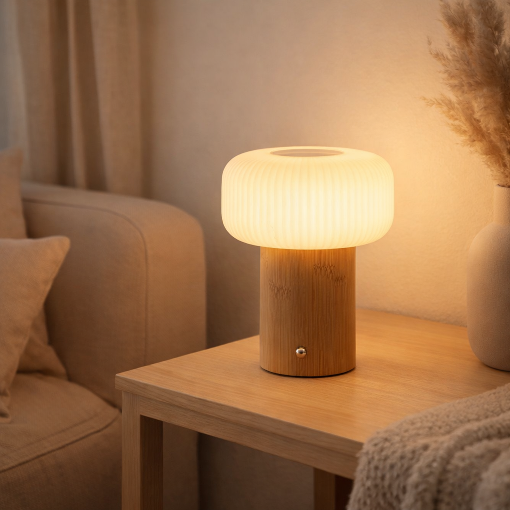 Stafford Lampe de table, bambou/métal/PE, rechargeable, naturel, blanc en situation