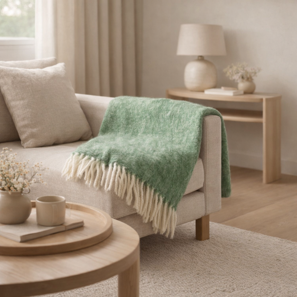 Plaid Carmel - Vert, Laine, 130x170 cm en situation