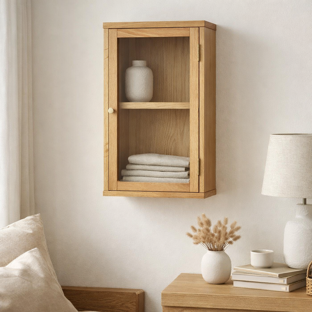 Zamora Armoire murale, chêne/placage chêne/verre trempé, naturel, 20x40x60 cm en situation
