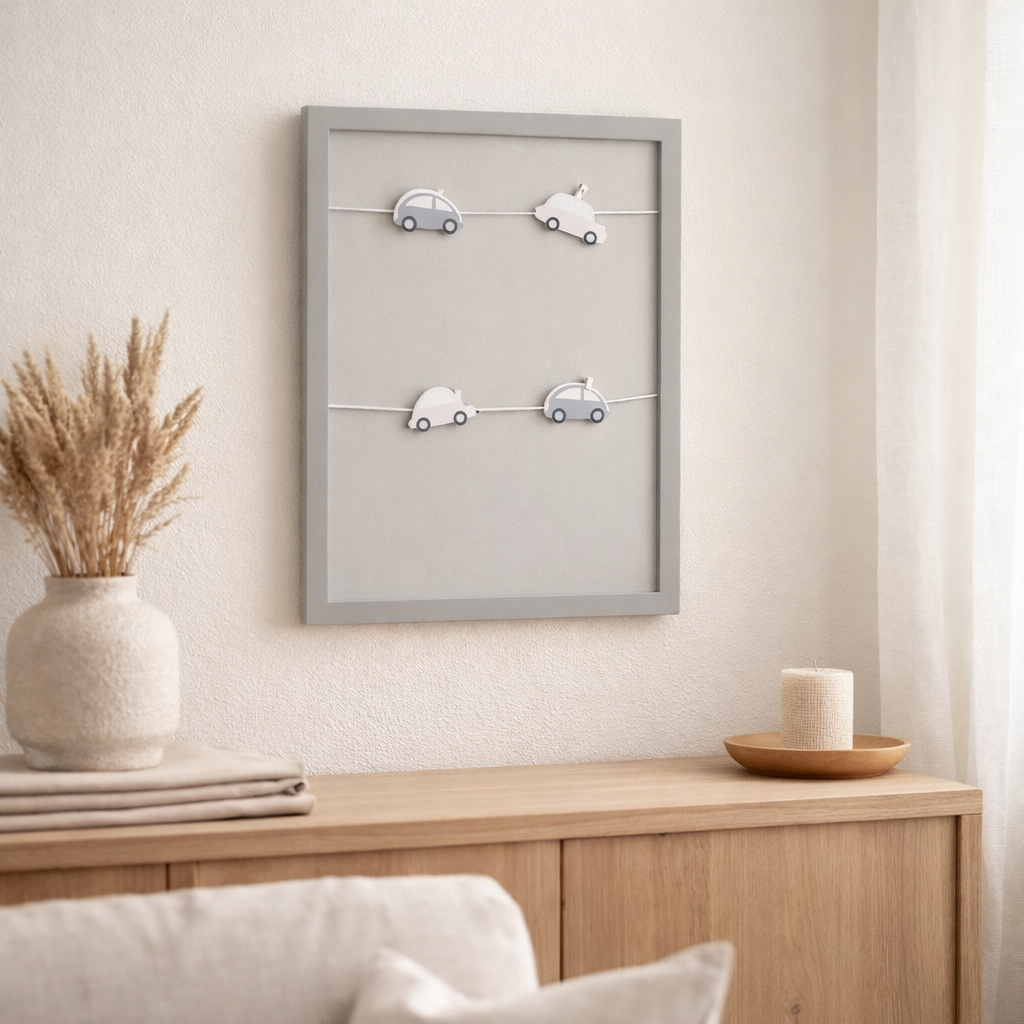 Cadre photo J-Line avec 4 clips 4 voitures - bois - gris en situation