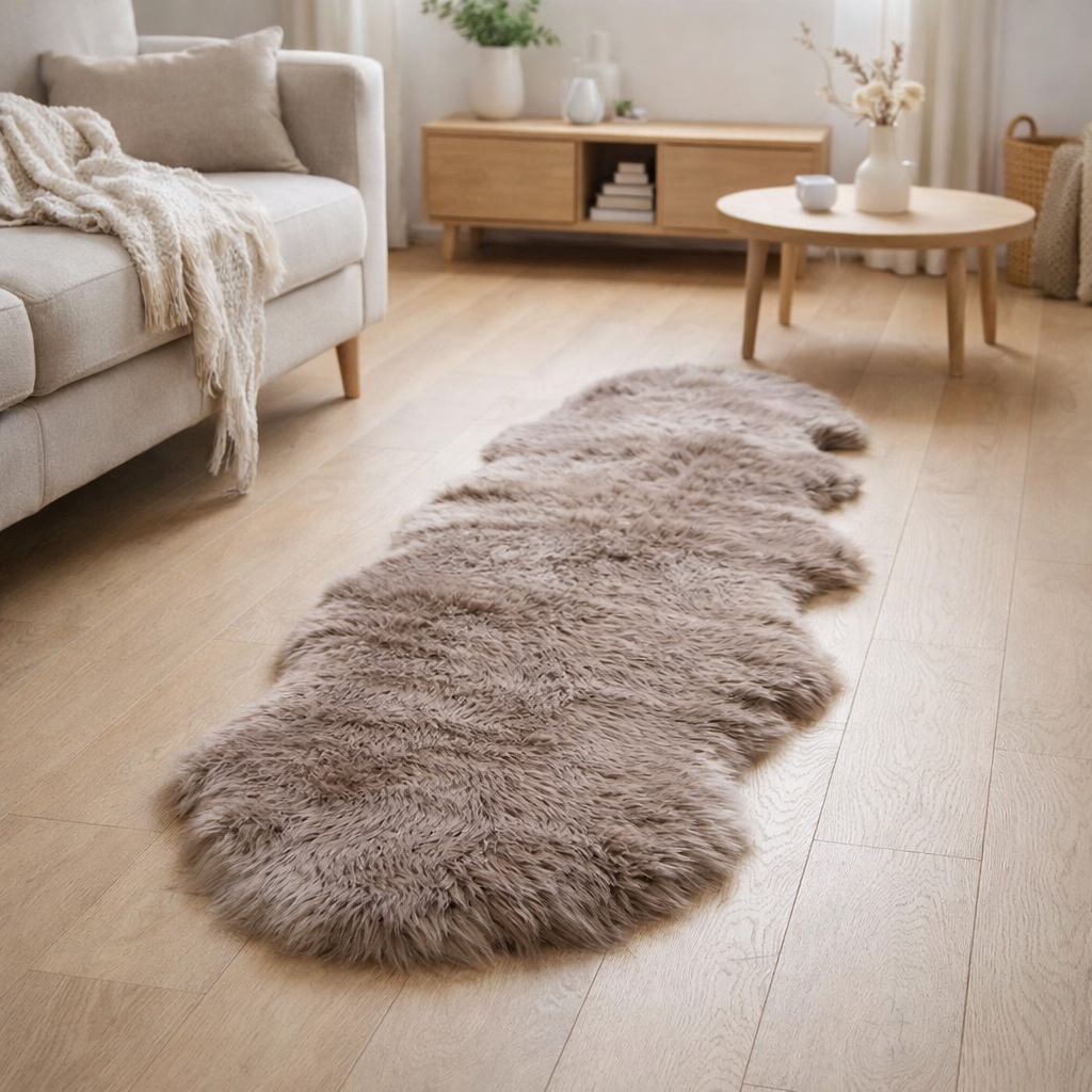 Peau d'Agneau Artificielle - Polyester, Marron Clair - 60x180 cm en situation