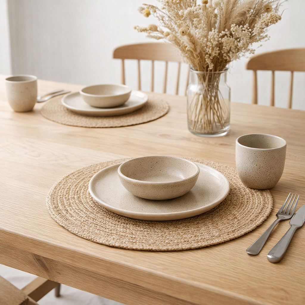 Set de Table Bombay - Naturel, Jute, Ø38cm - Lot de 4 en situation