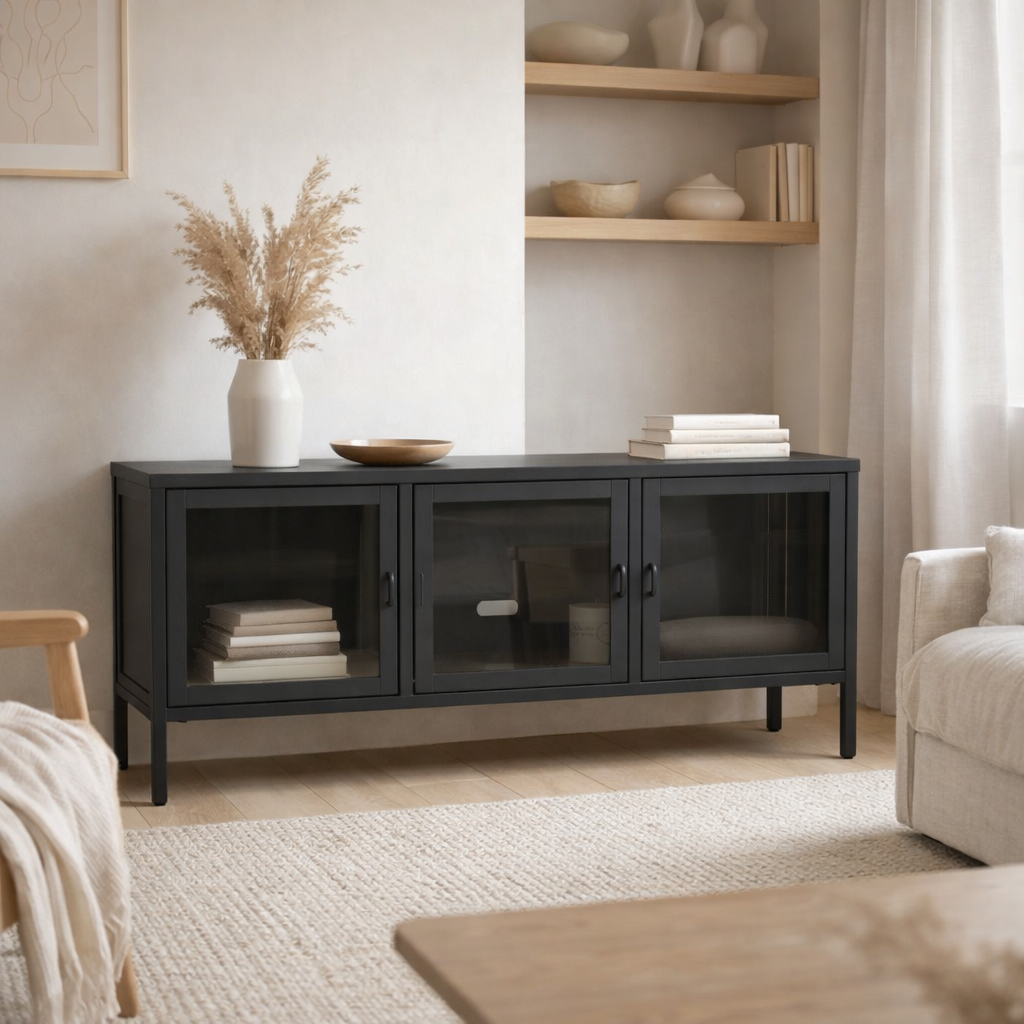 Banc TV Brisbane - Noir, Acier/Verre, 130x40x55 cm en situation