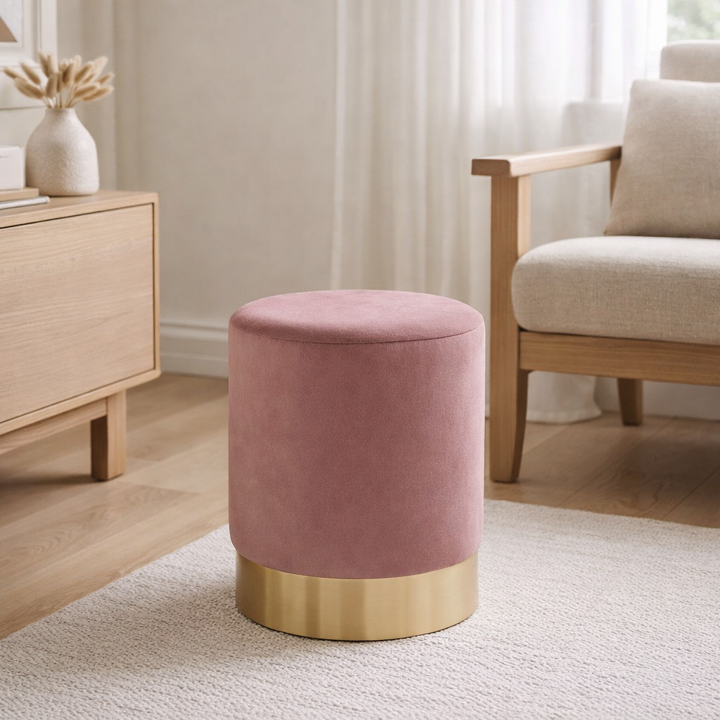 Pouf Gamby - Velours, Acier, Rose - Ø34x43 cm en situation