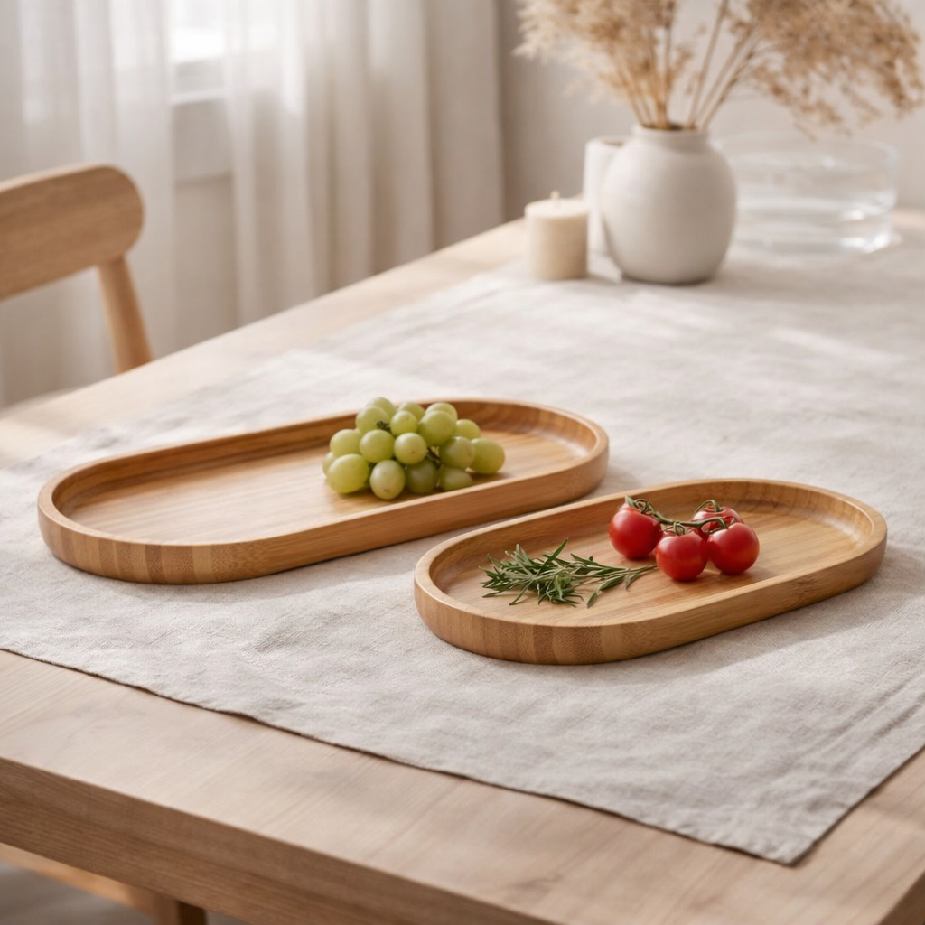 Plateau de service Chefalu - Plateau de service, bambou, naturel, lot de 2 en situation