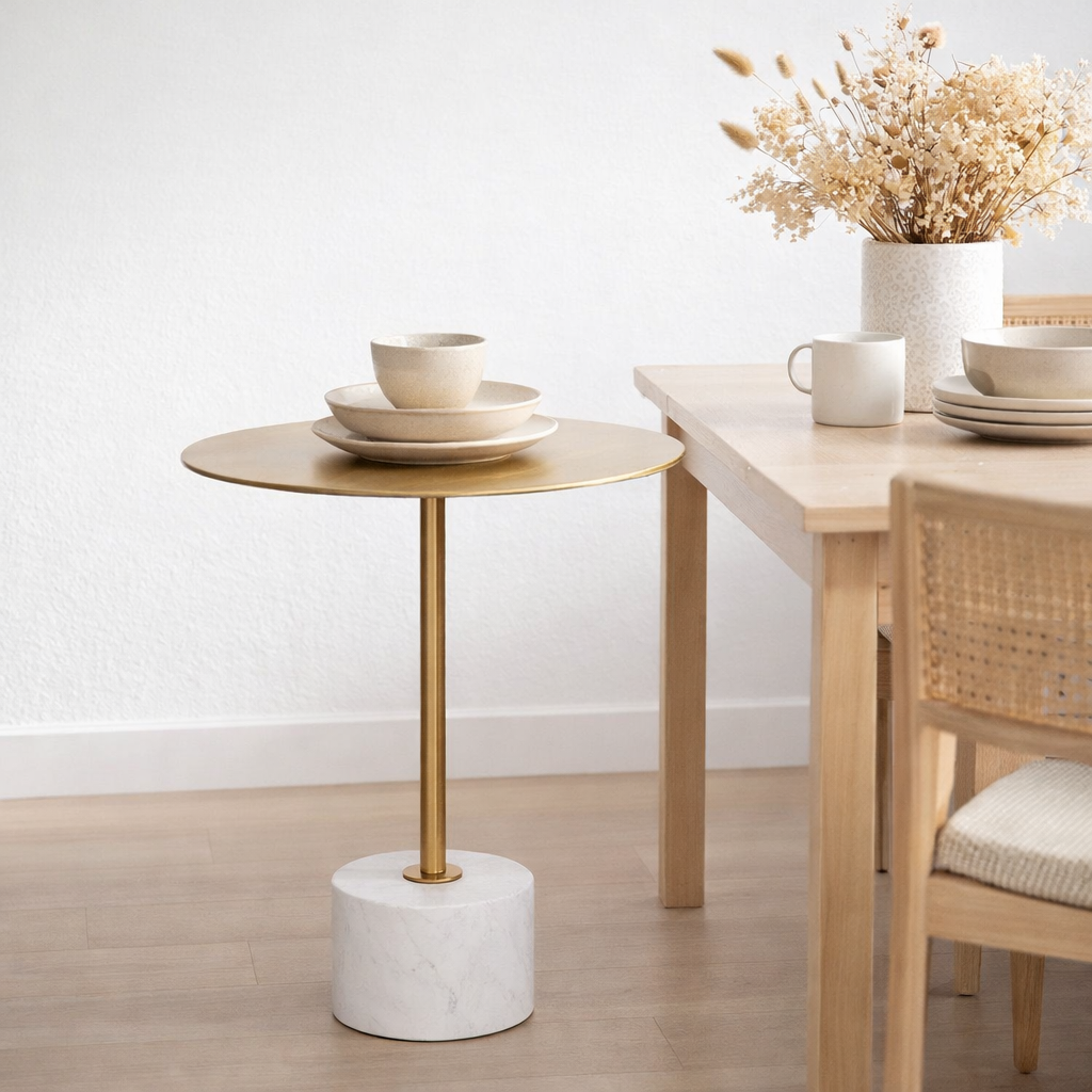 Table d'appoint Lecco - Laiton/Marbre, Marbre, Acier, 51x52cm en situation