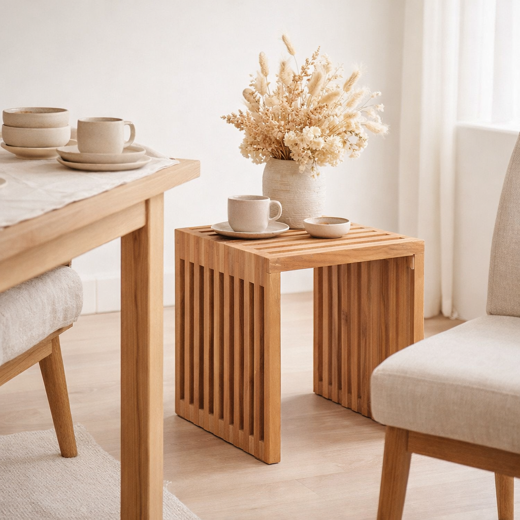 Pego Table d'appoint - Table d'appoint en bois de teck, nature, 40x40x40 cm en situation