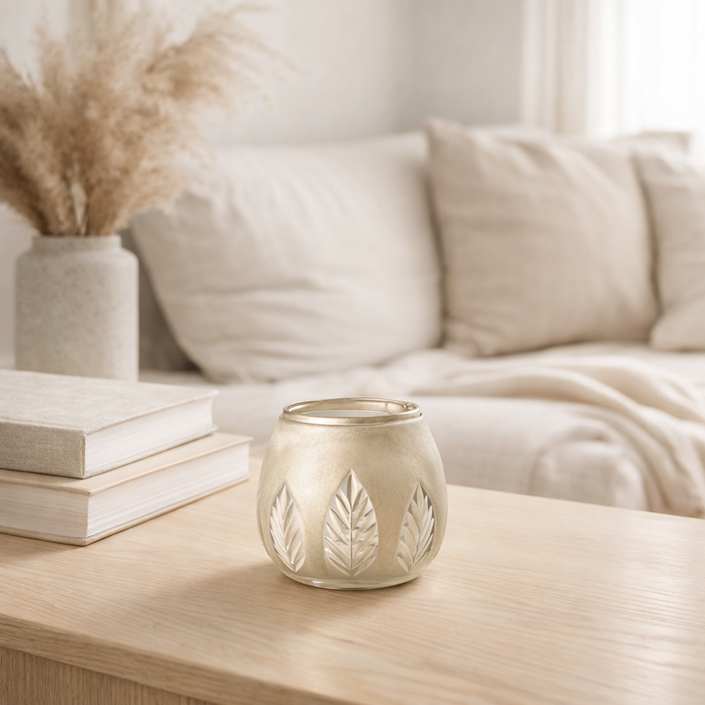 Bougeoir J-Line Leaf Round - verre - argent - petit en situation