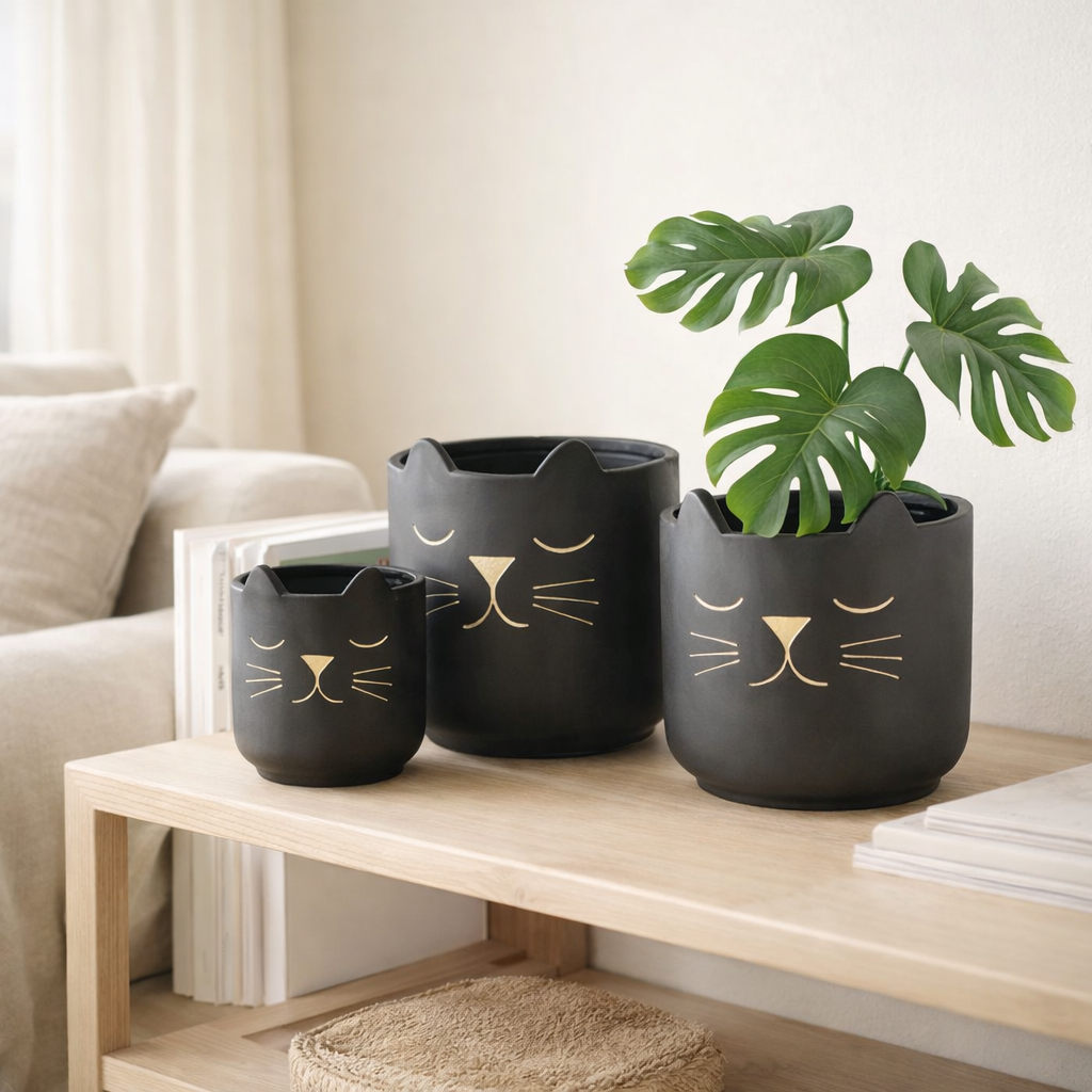 J -line Flowerpot Cat - Céramique - noir / or - Moyen - Ø 16 cm en situation