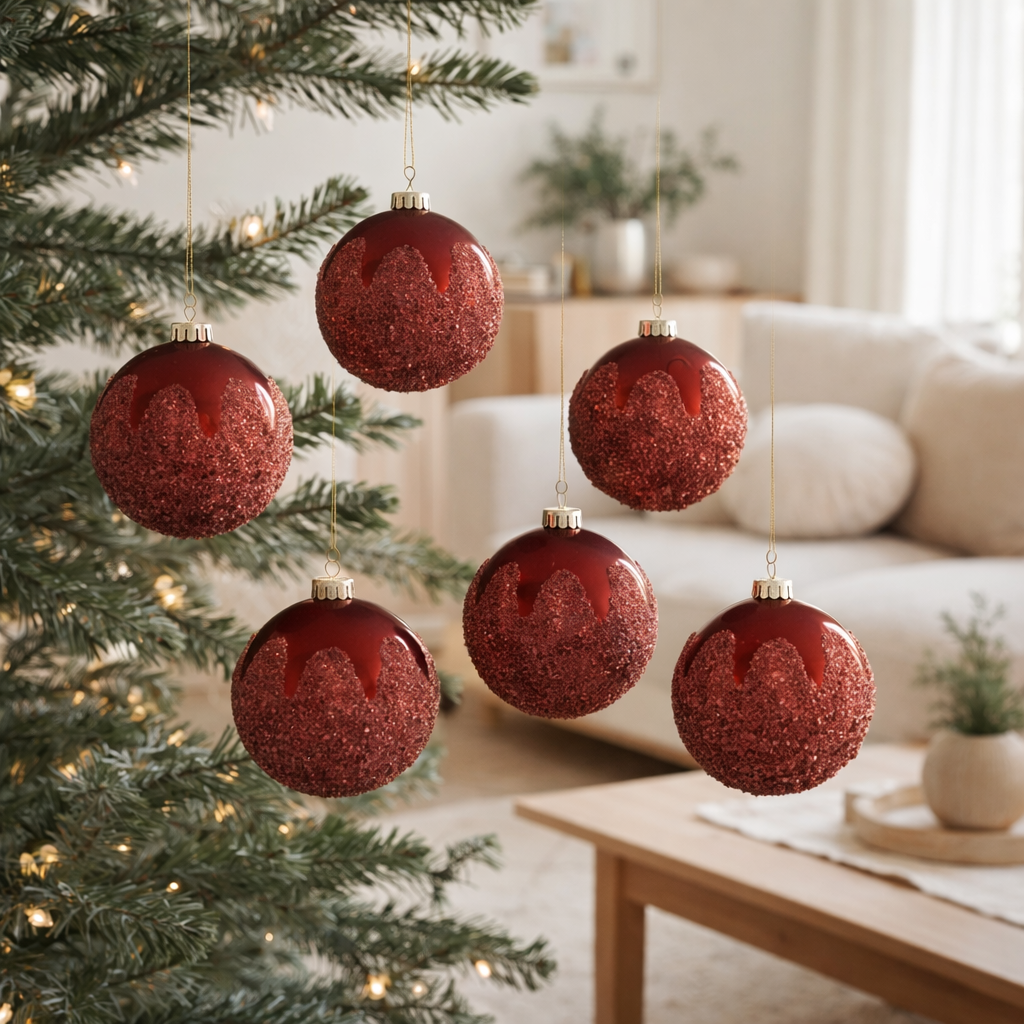 J-Line Boule de Noël Sucre - verre - rouge mat - petit - boîte de 6 en situation