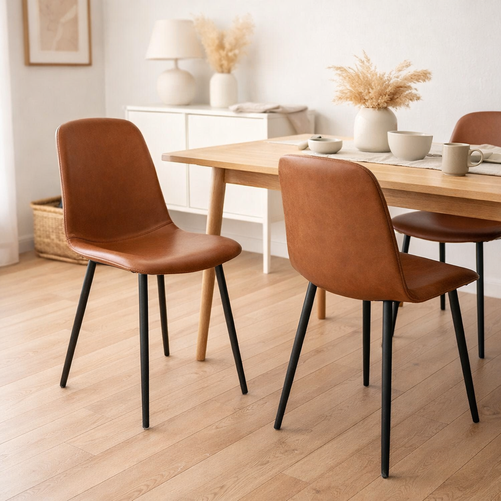 Chaise de salle à manger Stockholm - Marron, cuir PU, pieds en métal noir, 54x44x88cm - lot de 2 en situation