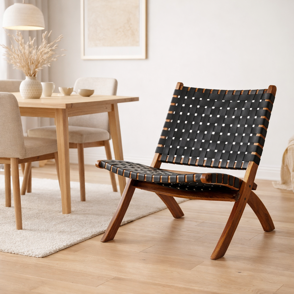 Chaise Pliante Perugia - Bois de Teck, Cuir, Noir - 66x74x73 cm en situation