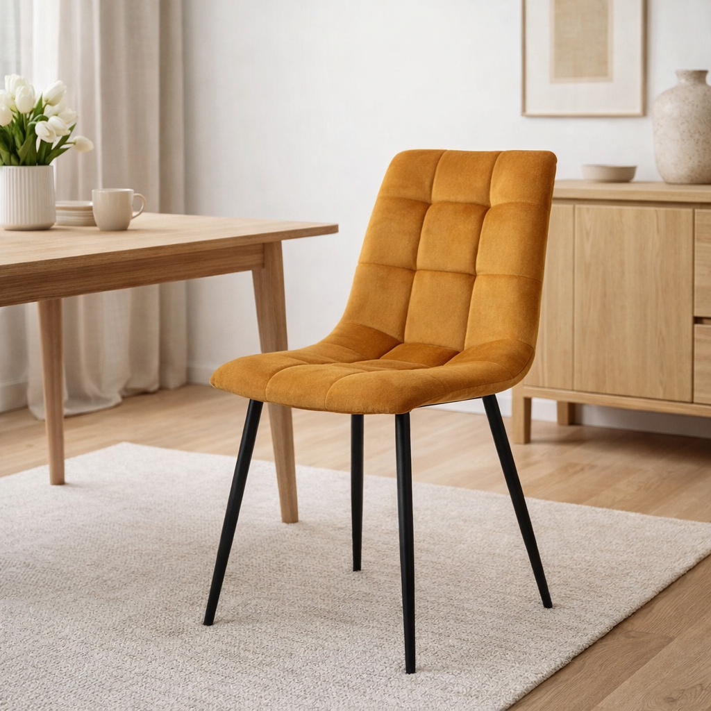 Chaise de salle à manger Middelfart – Velours polyester, acier, jaune moutarde – Lot de 2 en situation