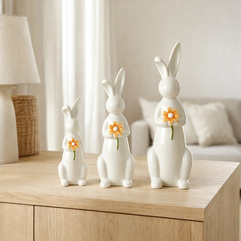 J-Line décoration Lapins Fleurs - porcelaine - orange/blanc - 3 pièces en situation