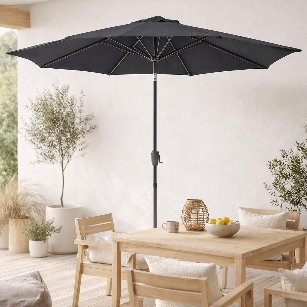 Houston Parasol - Parasol avec manivelle et inclinaison, mât en métal, noir, ø300 cm en situation