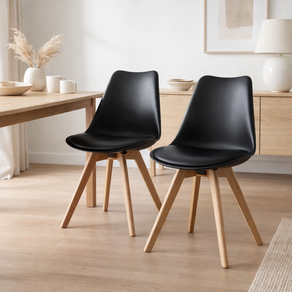 Chaise de salle à manger Bergen – Cuir PU, plastique moulé, bois d'hévéa, noir – Lot de 2 en situation