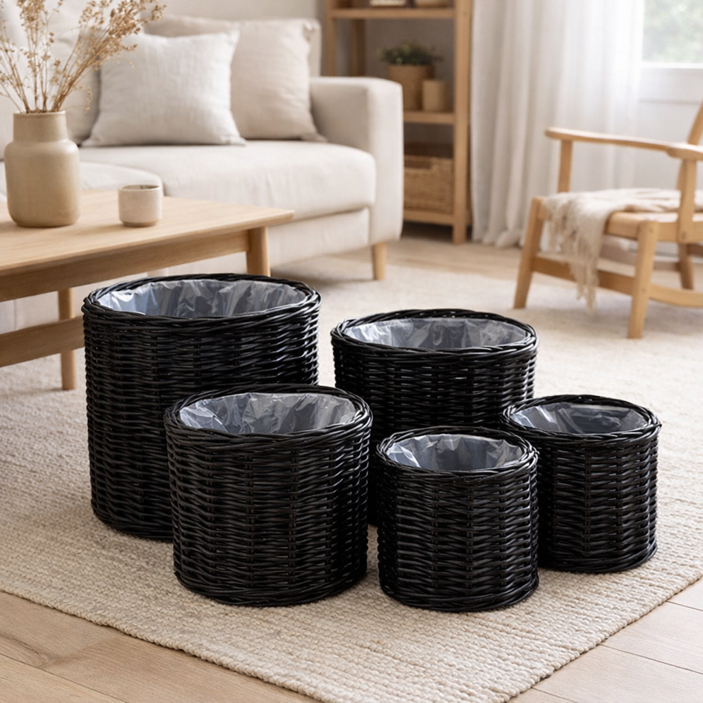 Paniers Bogor – Noir, Rotin Kubu/Plastique – Lot de 4 en situation