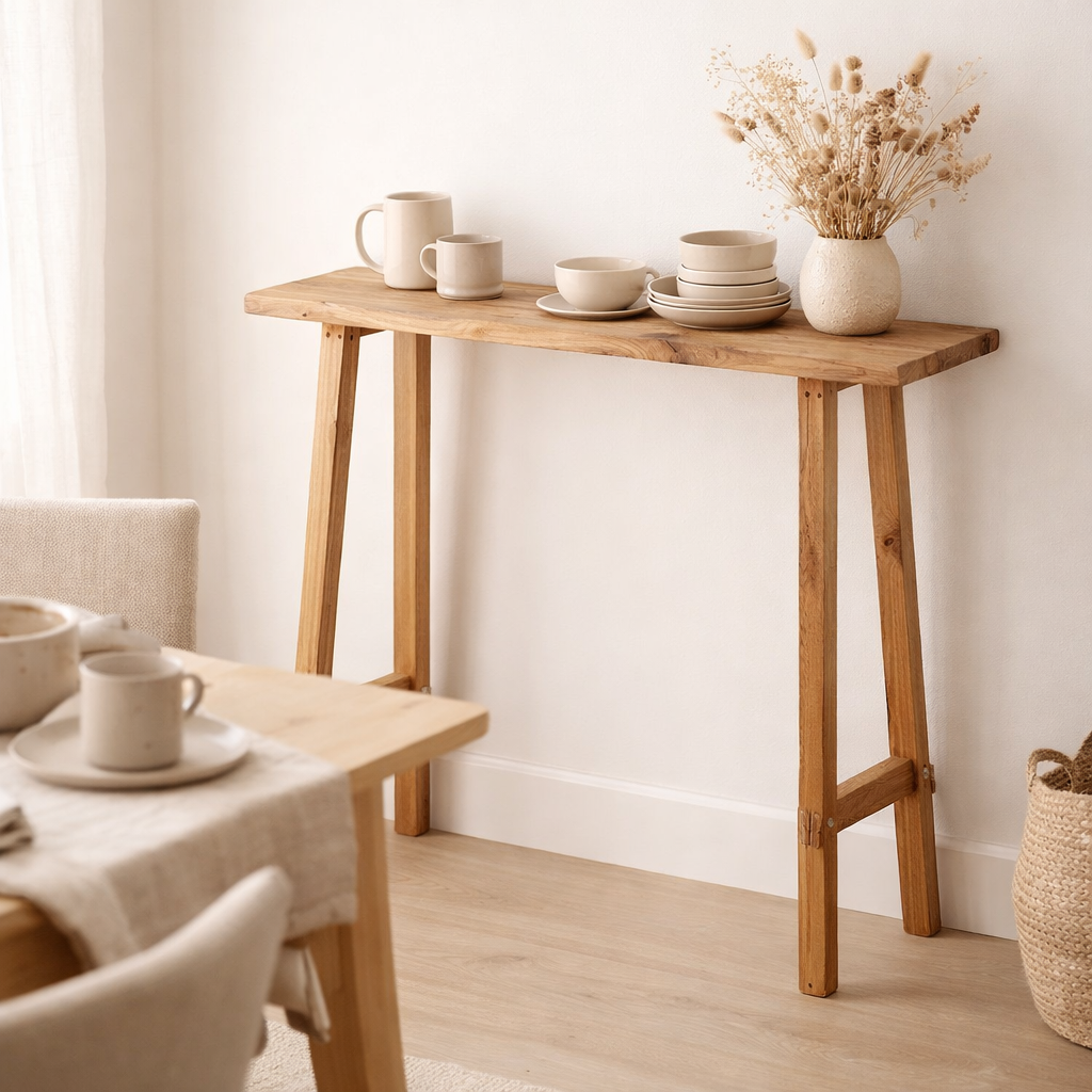 Table Console Girona - Bois de Teck, Naturel - 90x30x80 cm en situation