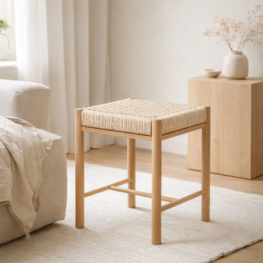 Tabouret Abano - Bois de Peuplier, Corde de Papier, Naturel - 42x42x46,5 cm en situation