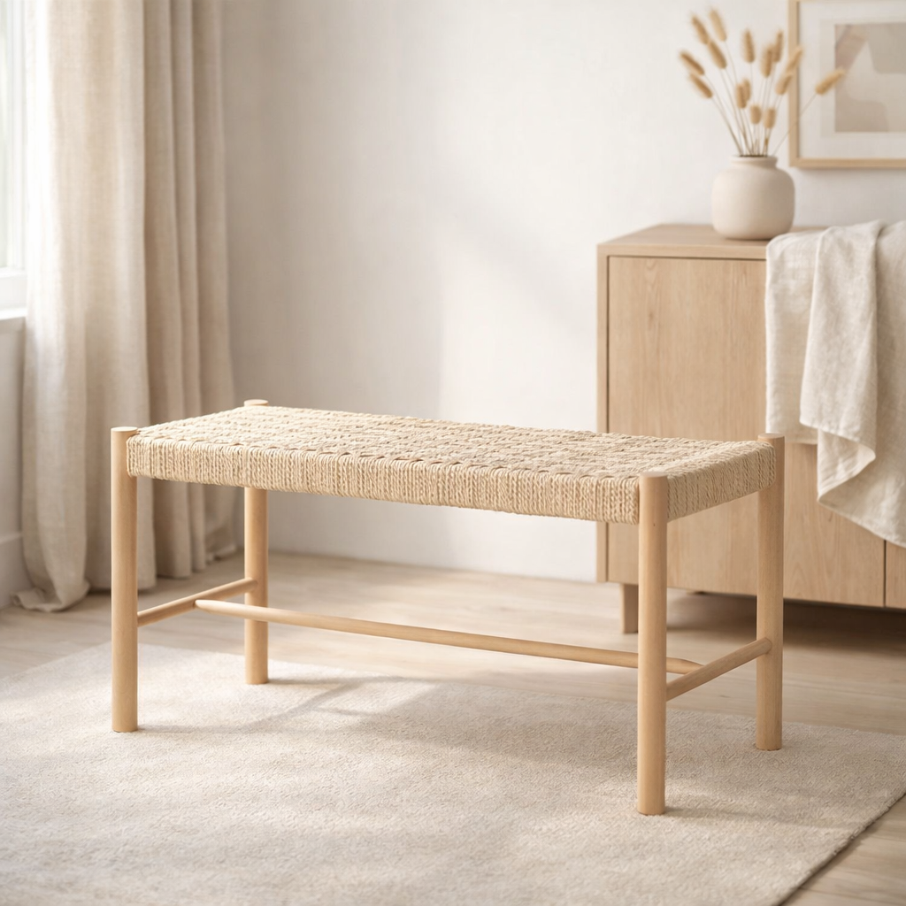 Banc Abano - Naturel, Bois de Peuplier, Corde de Papier, 35x80x45cm en situation