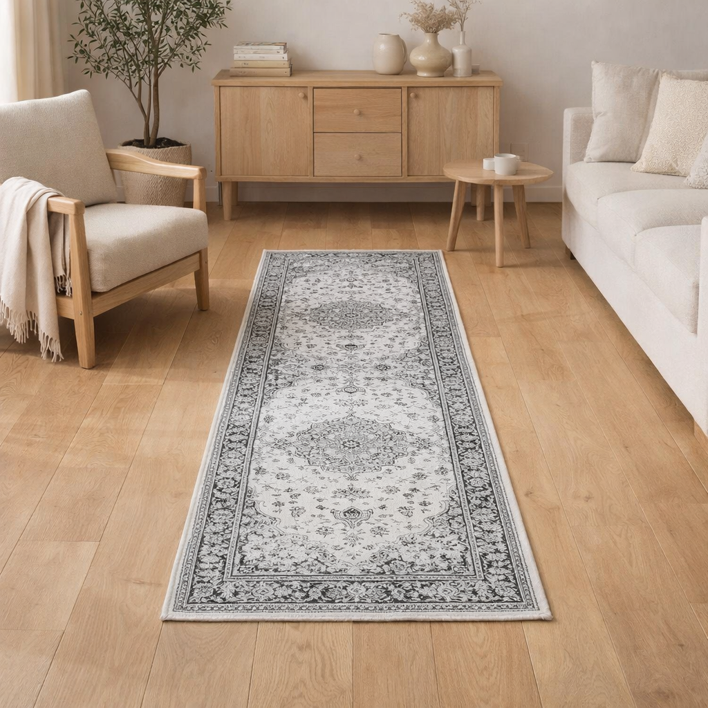 Tapis de Couloir Havana - Polyester Chenille, Noir/Blanc - 80x200 cm en situation