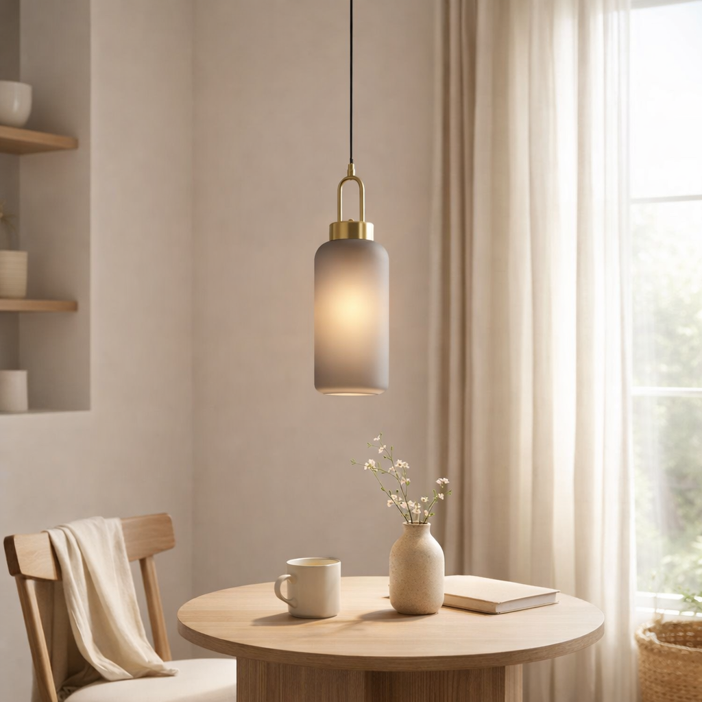 Suspension Luton - Laiton, Verre Fumé Mat, Ø13 cm, Cordon Tissu 150 cm en situation