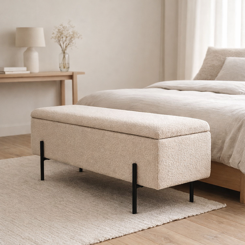 Banc Watford - Beige, Bouclé, avec rangement 95x36,5x43cm en situation