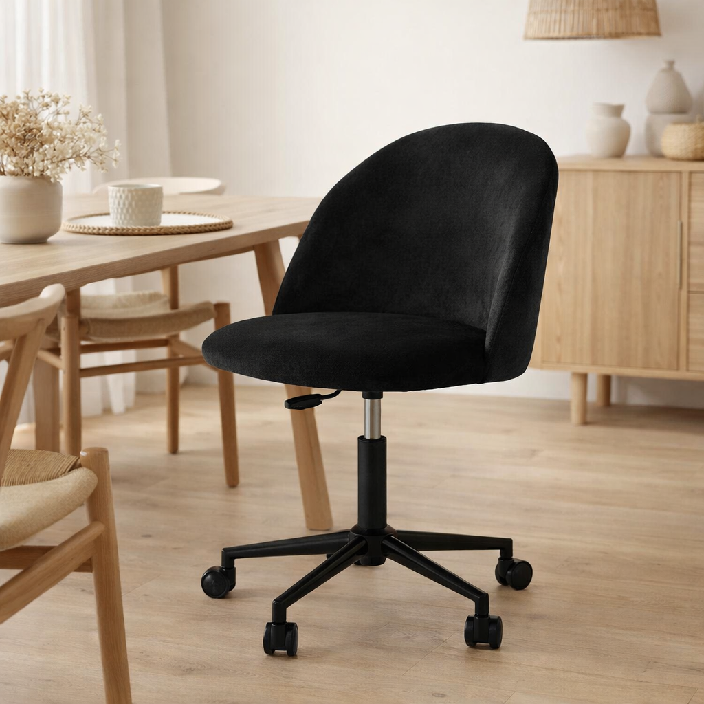 Chaise de bureau Geneve - Velours noir, pieds noirs, 55x55x73 cm en situation