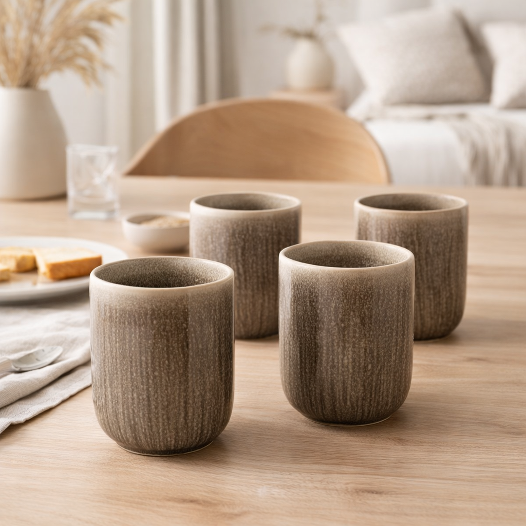 Tasse Viola, céramique, gris, ø8x9,5 cm, lot de 4 en situation