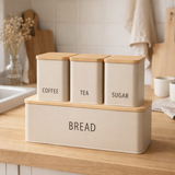 Tula Boîte à pain avec 3 boîtes, métal/bambou, beige, lot de 4 en situation