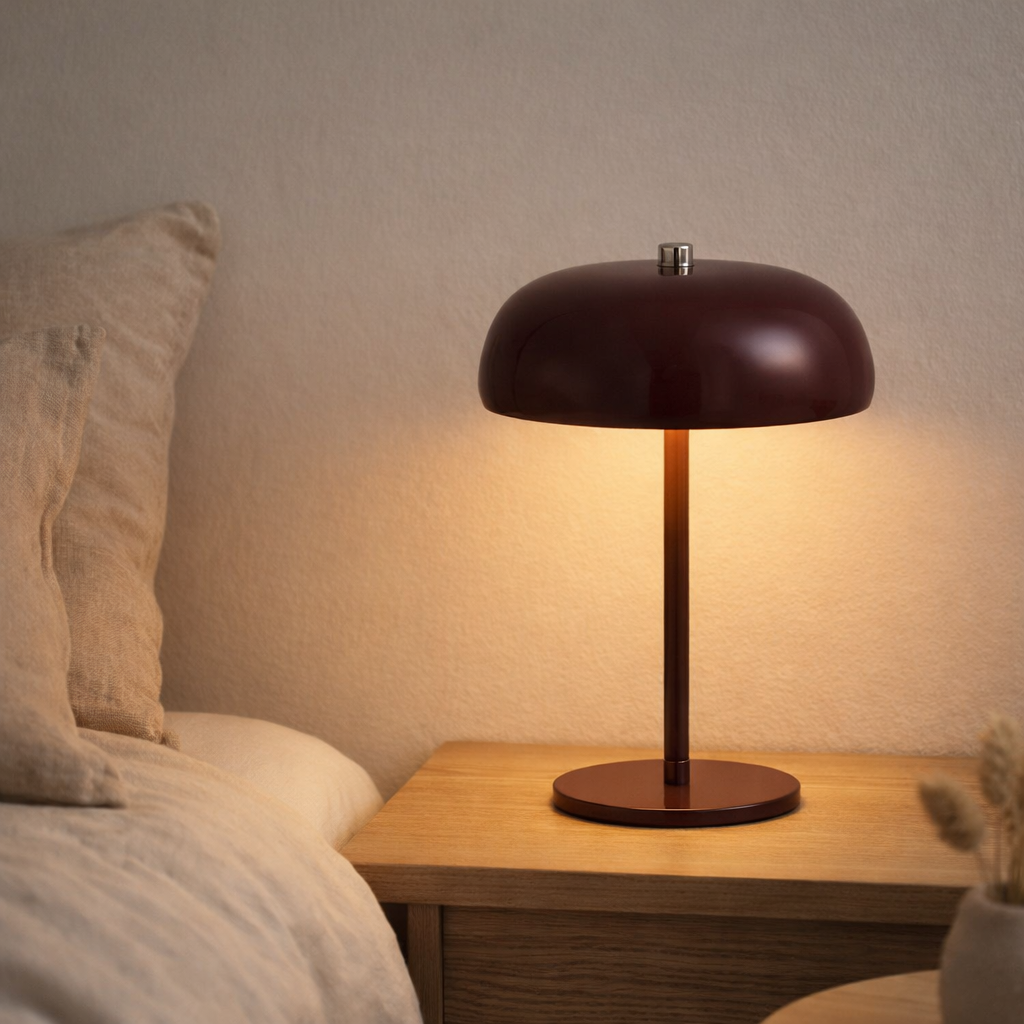 Lampe de table Margate, métal, rechargeable, bordeaux, ø16 cm en situation