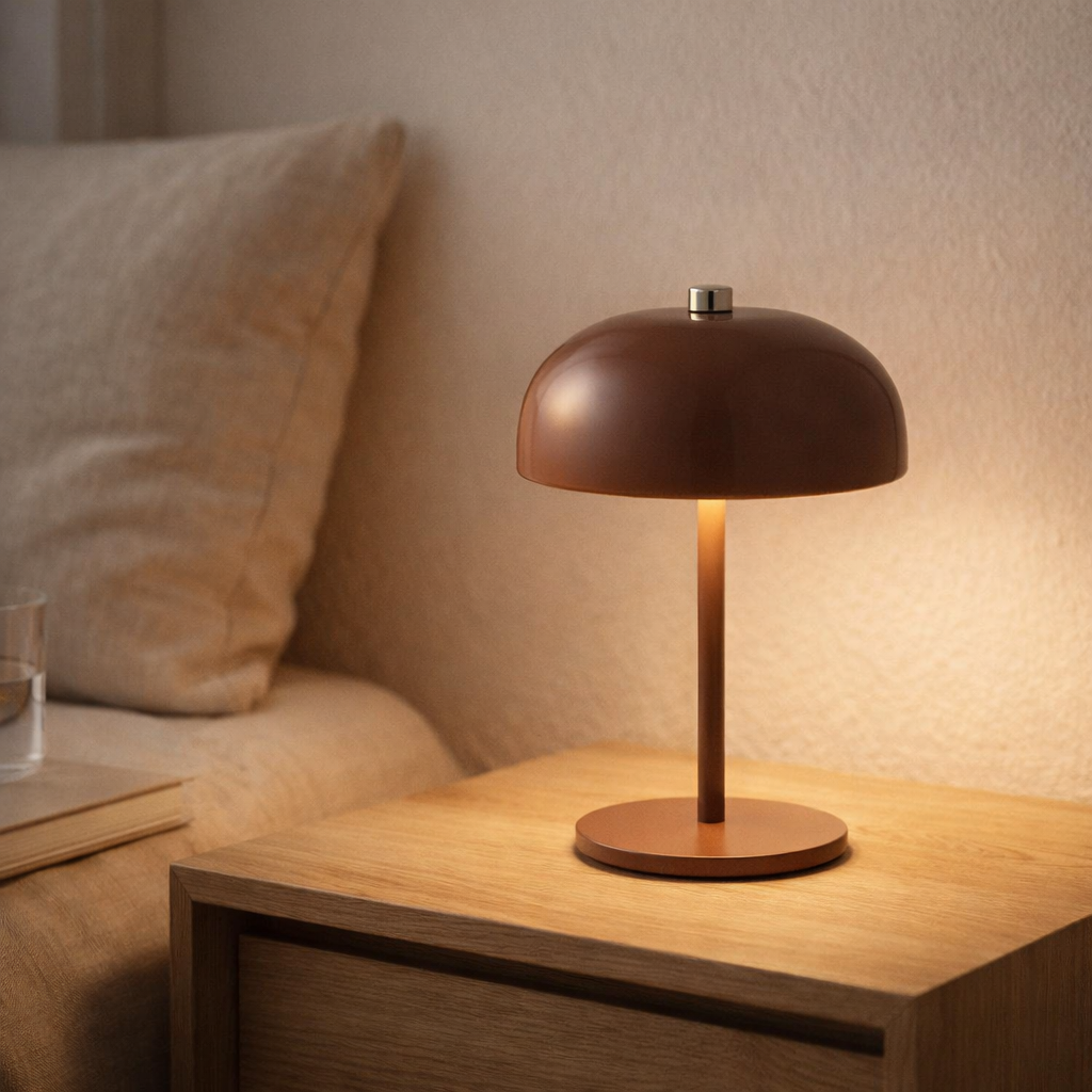 Lampe de table Margate, métal, rechargeable, marron, ø13 cm en situation