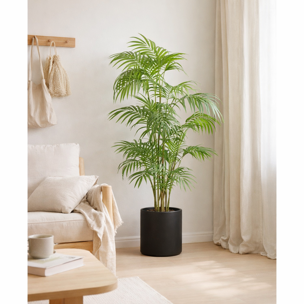 J-Line Mountain Palm In Pot Plastique Vert/Noir Large en situation