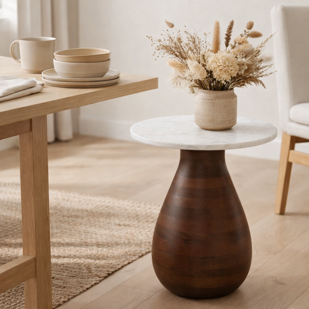 Heide Table d'appoint, bois de manguier/marbre, marron foncé/blanc, ø40x41 cm en situation