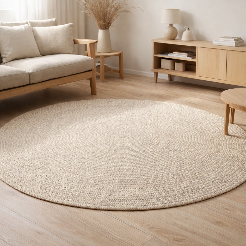 Tapis Menorca - Sable, PET 100% recyclé, Ø180 cm en situation