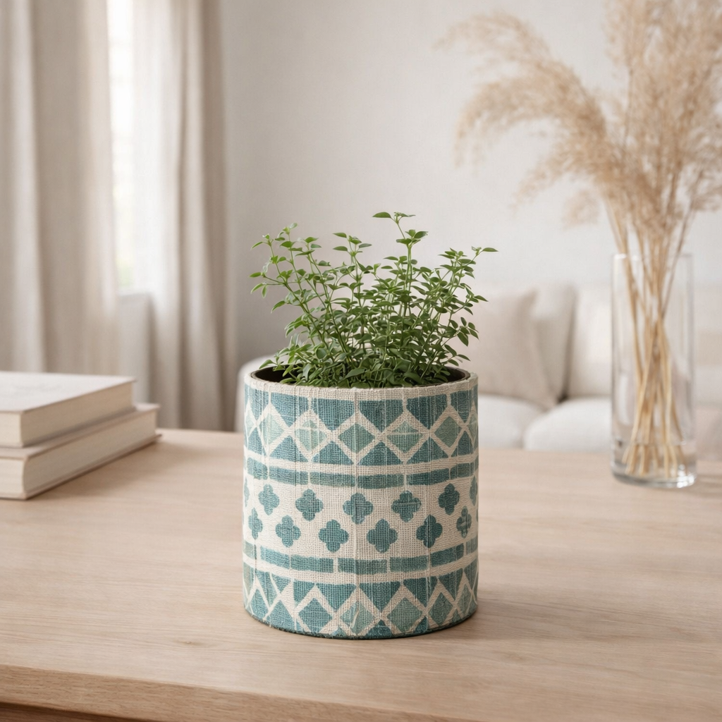 J -line Flowerpot Pearl - Jute - Azur - Ø 14 cm en situation