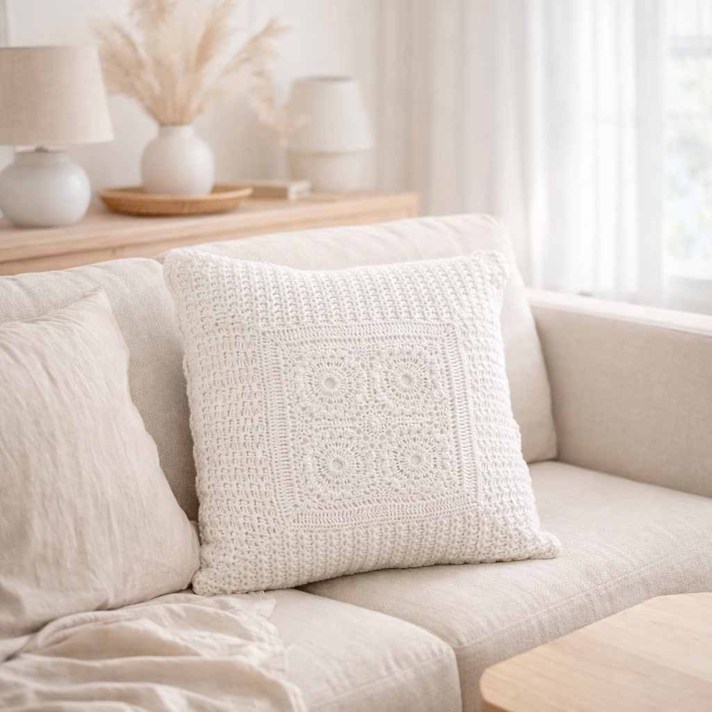 J-Line coussin Square Lace - coton - blanc en situation