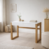 Bureau, blanc, pieds en bois en situation