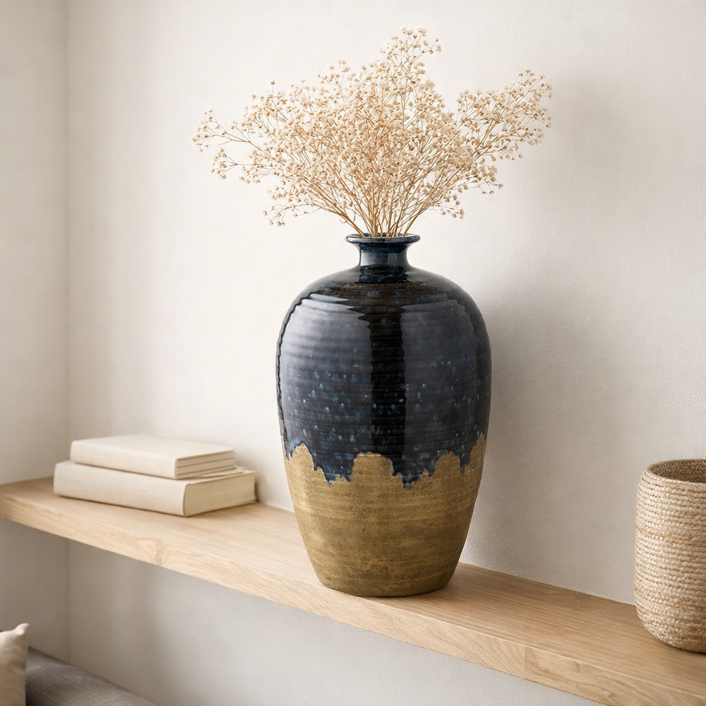 Vase, céramique, bleu foncé, ø27x44,5 cm en situation