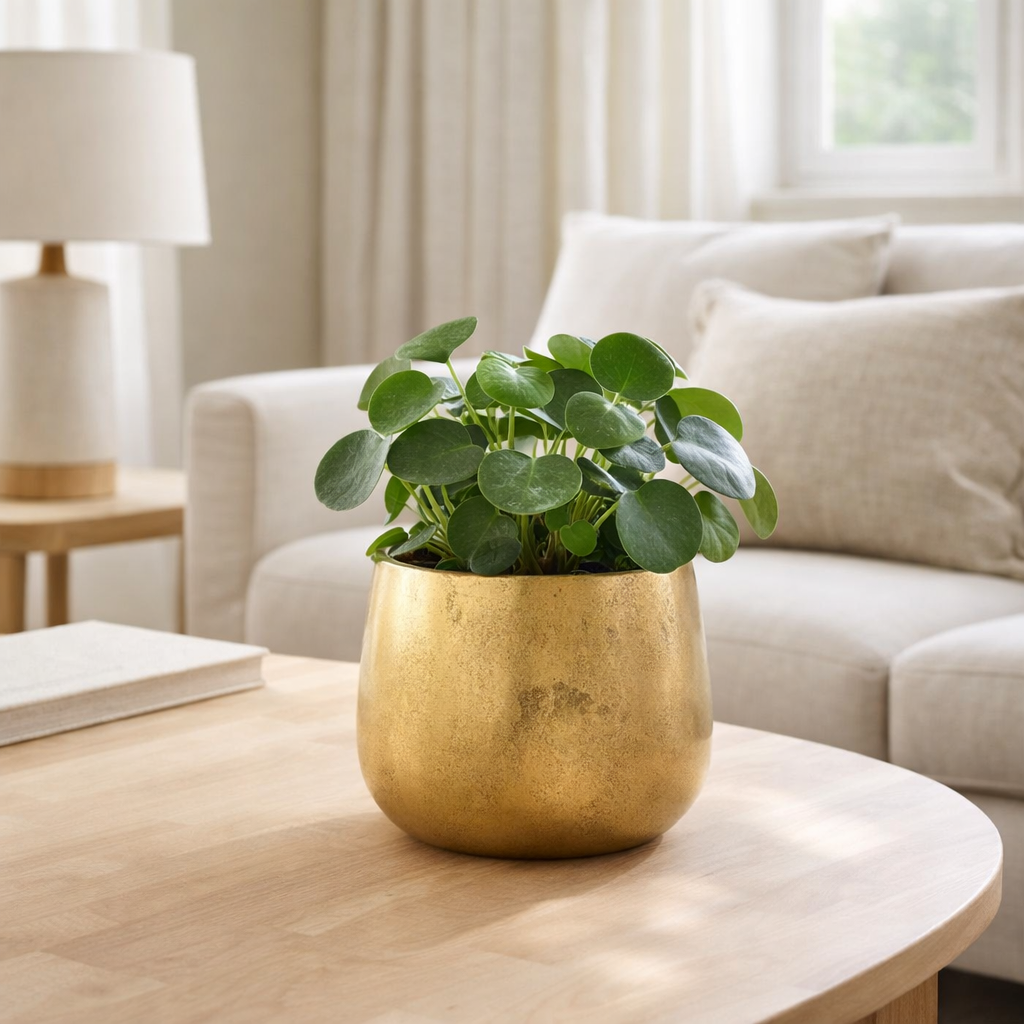 J -line Flowerpot Round - Ceramics - Gold - Small - Ø 17 cm en situation