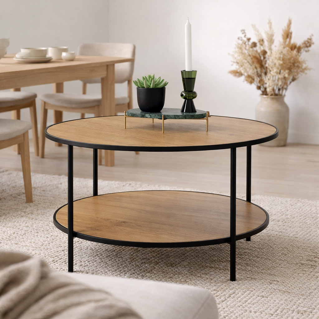 Table basse Vita - aspect chêne, acier, Ø80x45cm en situation