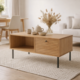 Kyoto Coffee Table - Table basse, placage chêne, pieds métal noir, 2 tiroirs, 50x100x45 cm en situation