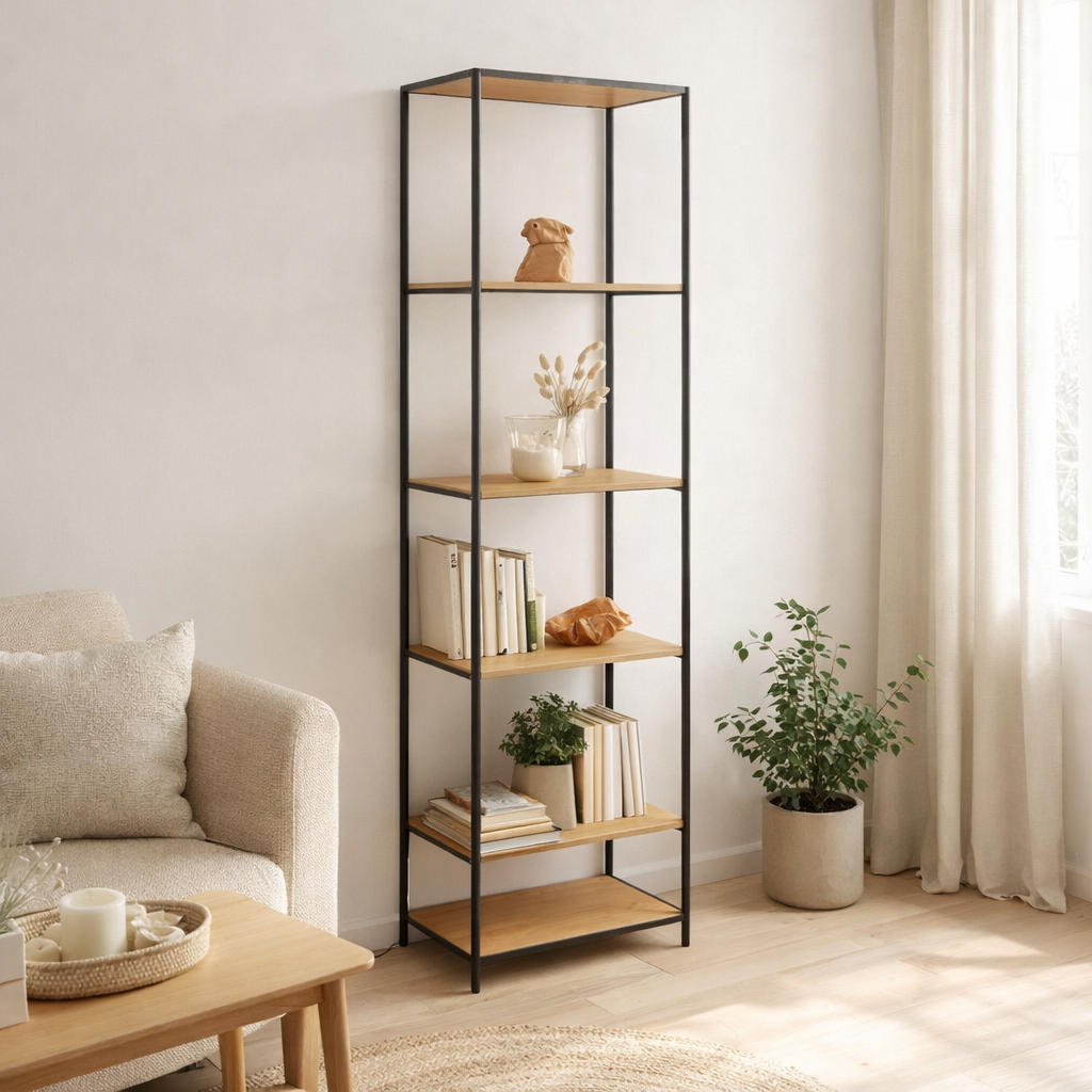 Etagère Vita - Aspect chêne naturel, acier, 51x36x170cm en situation