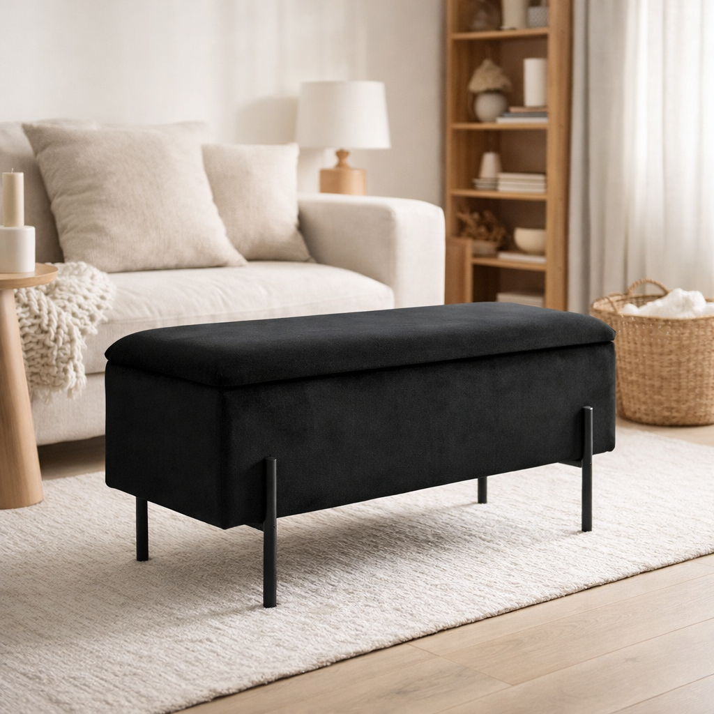 Banc Watford - Polyester, Contreplaqué, Velours Noir - 95x36,5x43 cm en situation