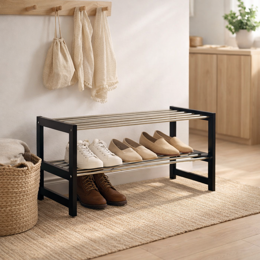 Padova Étagère à Chaussures – Noir, Peuplier/Acier, 78 x 34 x 32 cm en situation