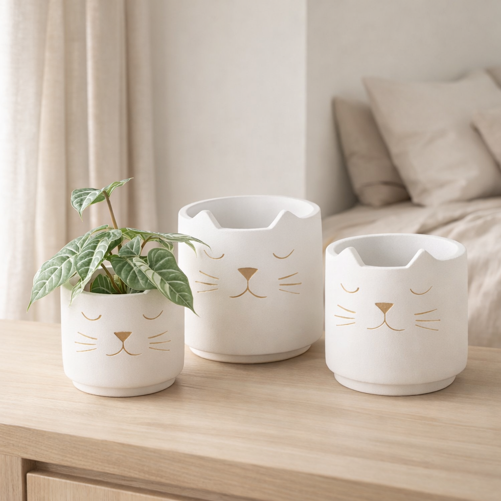 J -line Flowerpot Cat pour l'intérieur - Ciment - Blanc / Gold - Moyen - Ø 16 cm en situation