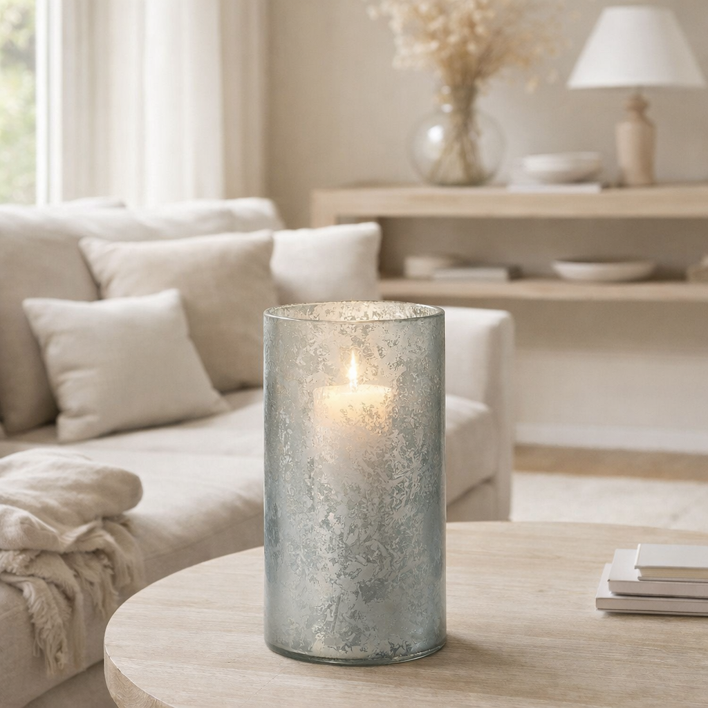 J-Line Photophore Rond Verre Bleu Neige Extra Large en situation